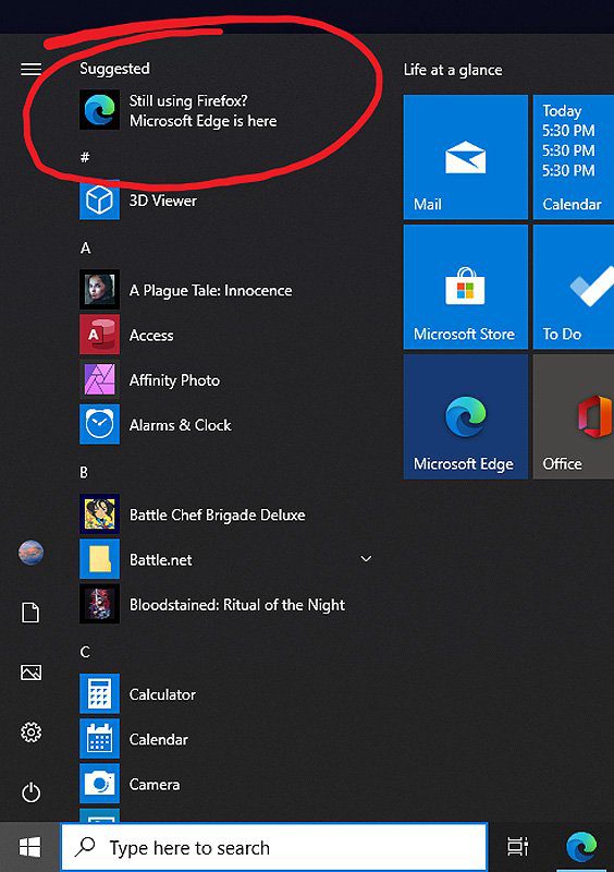 Edge Installation Suggestion On The Windows 10 Start Menu