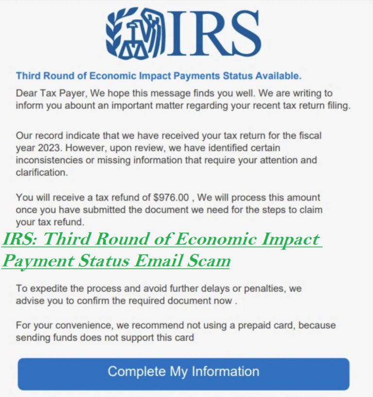 IRS Third Round of Economic Impact Payment Status Email Scam Malware